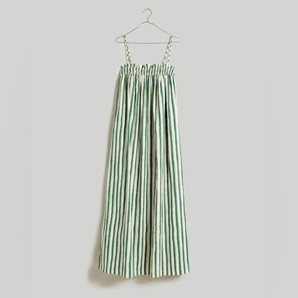 New Madewell Women Poplin Ruffle A Line Midi Dress in Stripe Versailles Green M - Picture 5 of 5